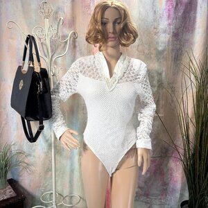 VTG📌 Modele Depose Made in France  80s Lace & Beaded Long Sleeves Bodysuit